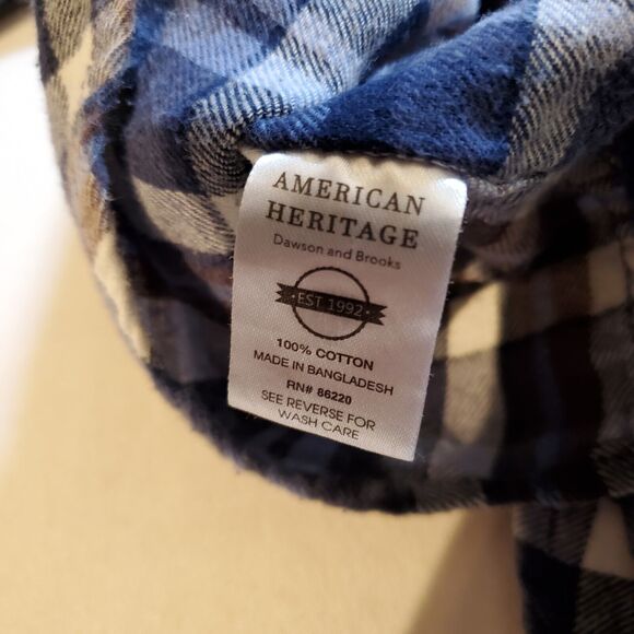 American Heritage Flannel Shirt Mens Large Slim Fit Button Down Plaid Blue Brown - Picture 9 of 10